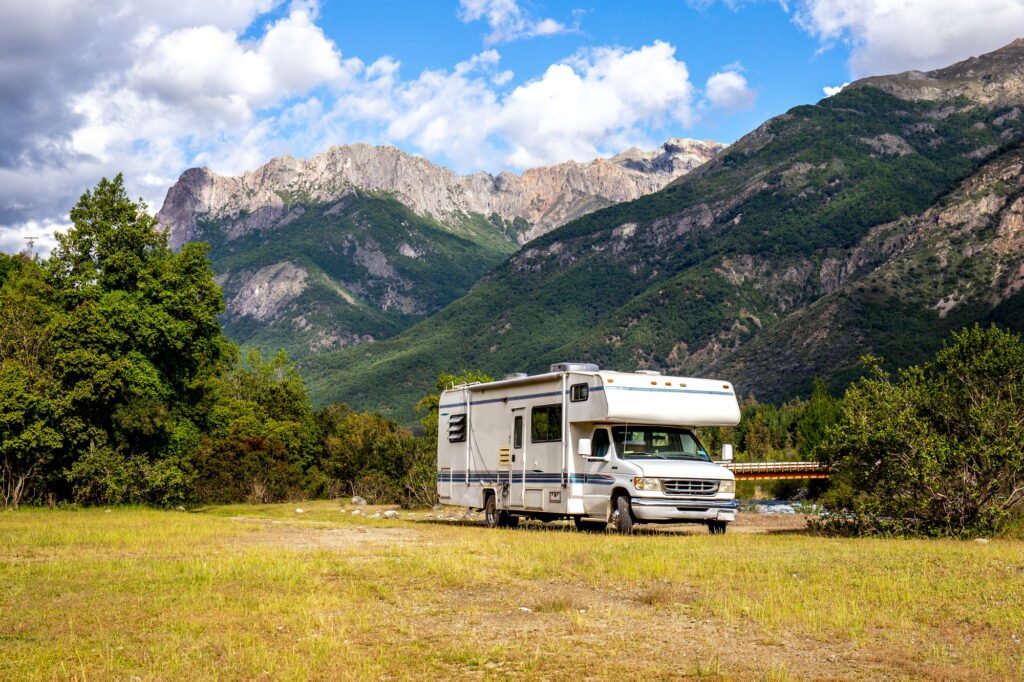 MOTORHOME RV In Chilean landscape in Andes. Family trip traval vacation in mauntains.